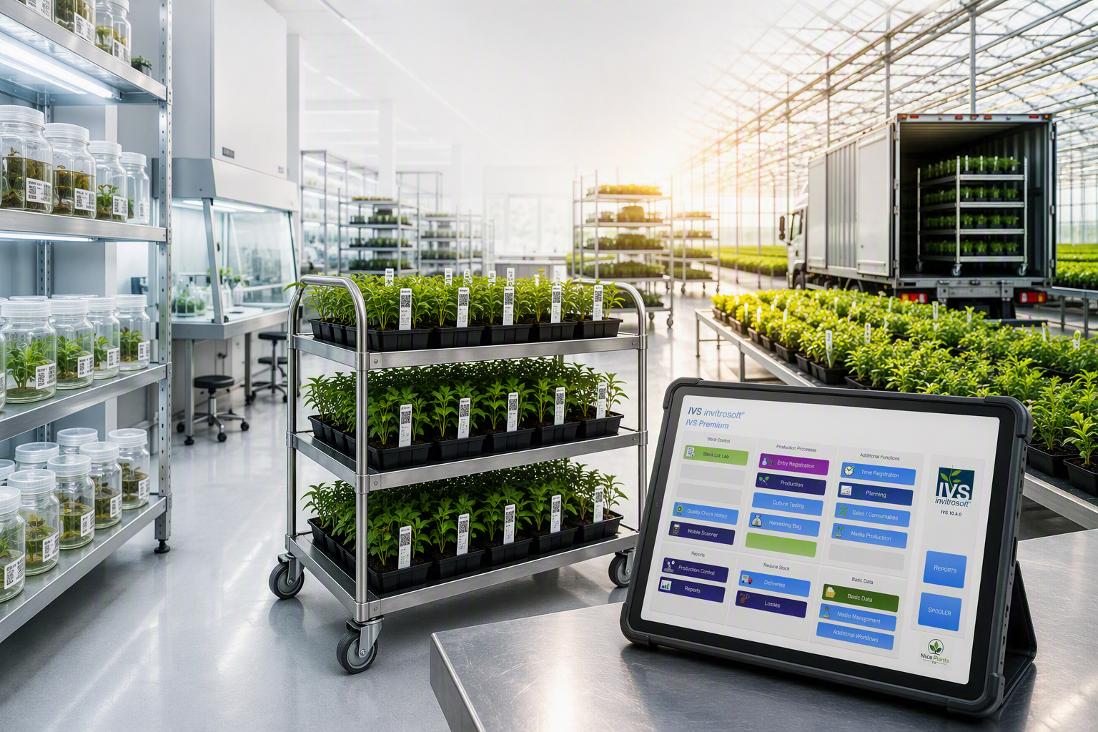 IVS tablet app with production tracking, labeled trays and logistics from lab to greenhouse to delivery
