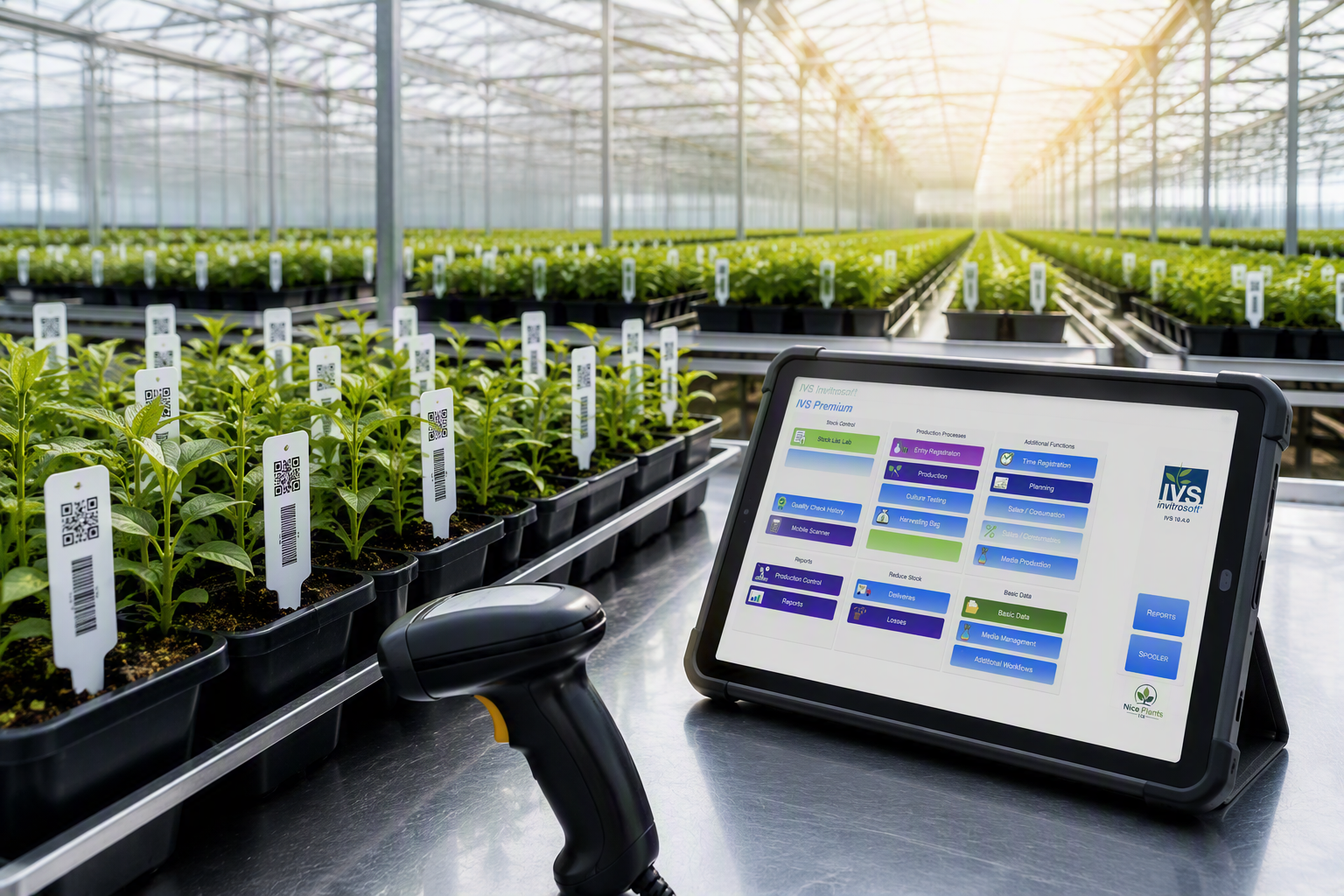IVS tablet app with barcode scanner in a plant nursery greenhouse
