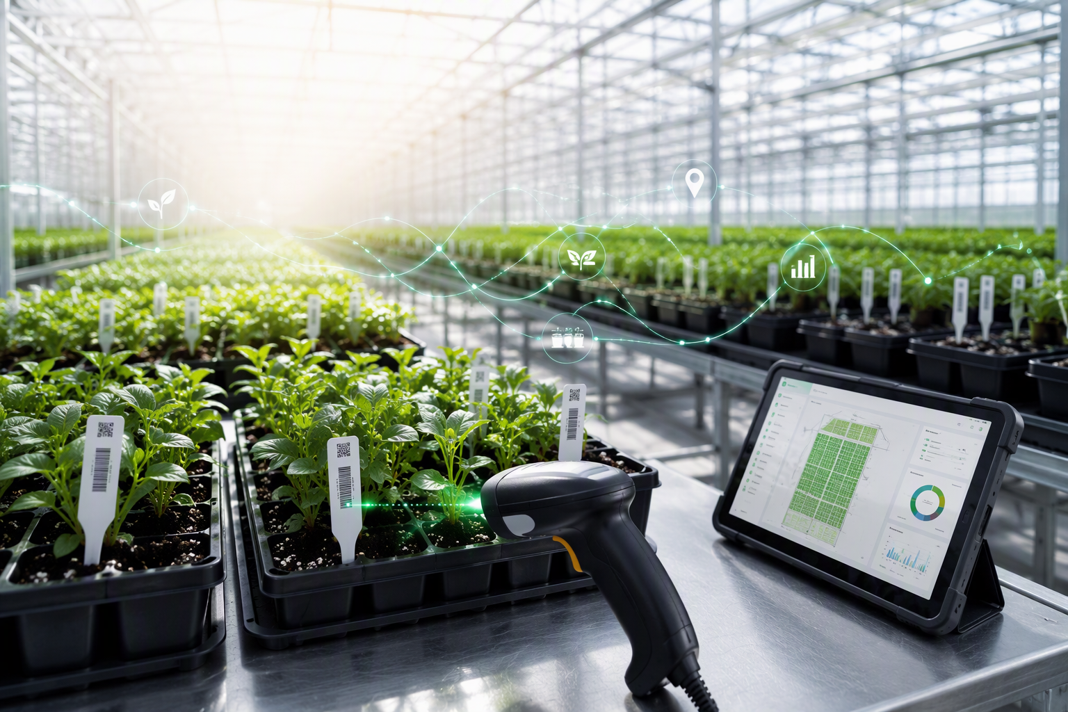 Scanning plant labels with the IVS tablet app in a greenhouse
