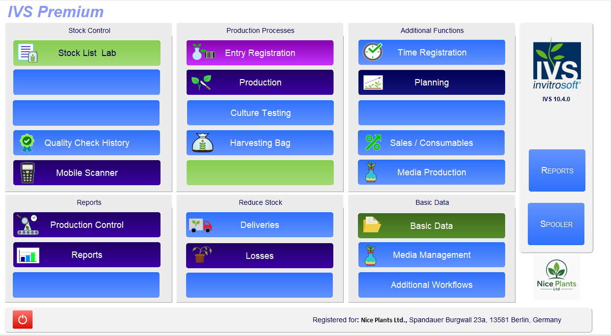IVS Premium start screen with modules for stock control, production processes and reports