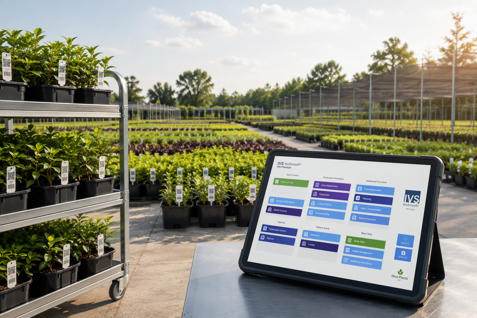 IVS tablet app with nursery stock control, production and reports overview next to potted plants on a cart in the nursery